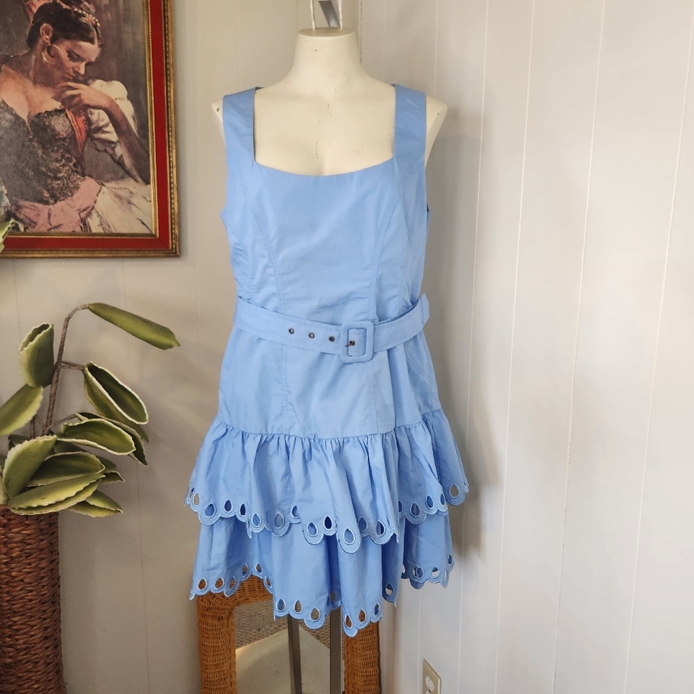 En Saison Crista Blue Eyelet Lace Ruffle Tiered Mini Dress Cotton Anthropologie - Picture 2 of 10